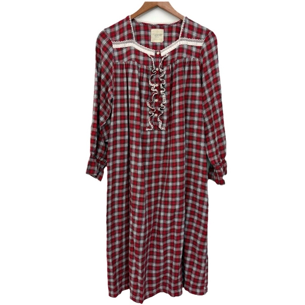 Vintage Erica Taylor Country Cottons Red Plaid Flannel Nightgown Lace Trim 42”